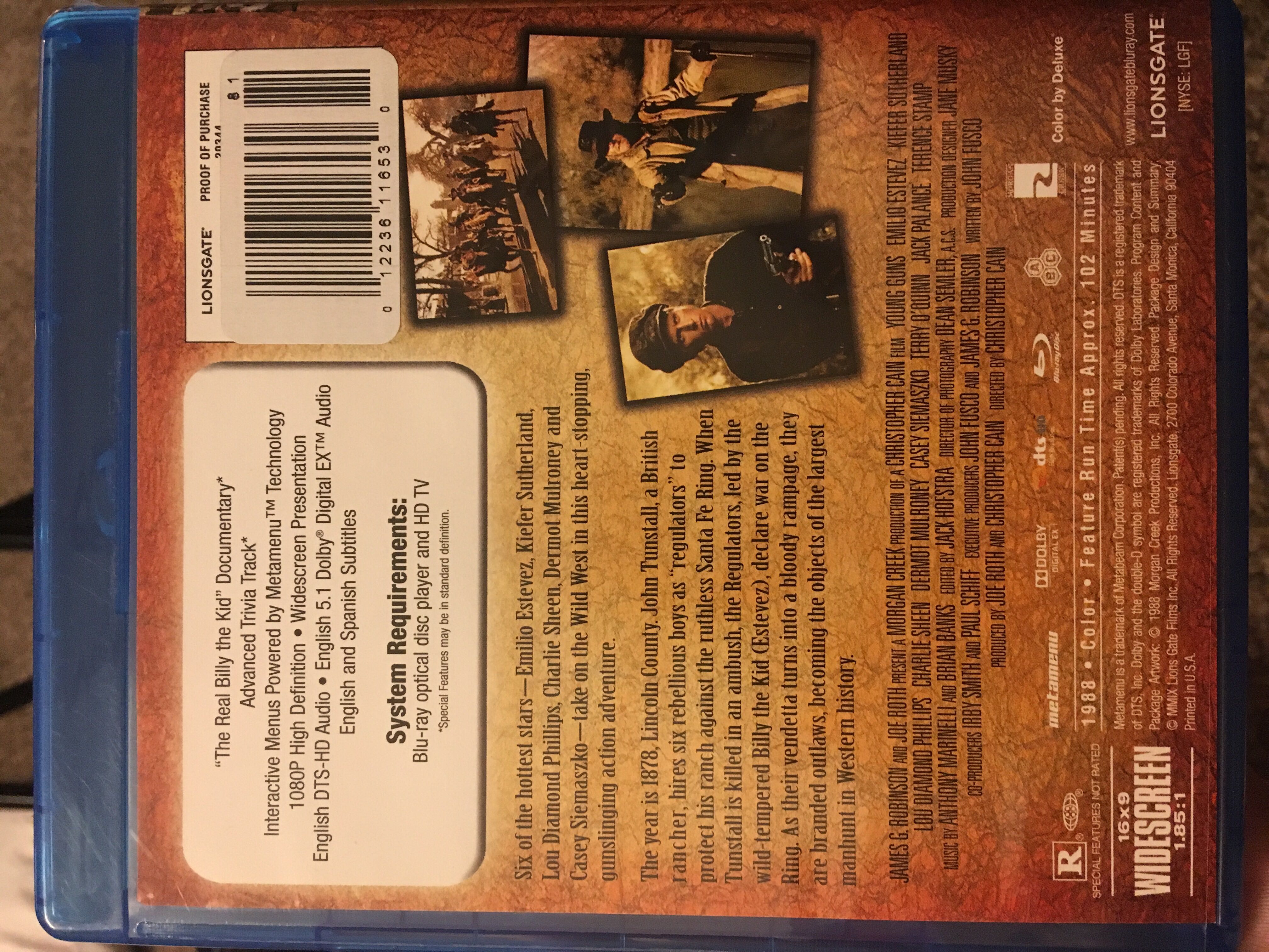 Young Guns Blu-ray movie collectible [Barcode 012236116530] - Main Image 2