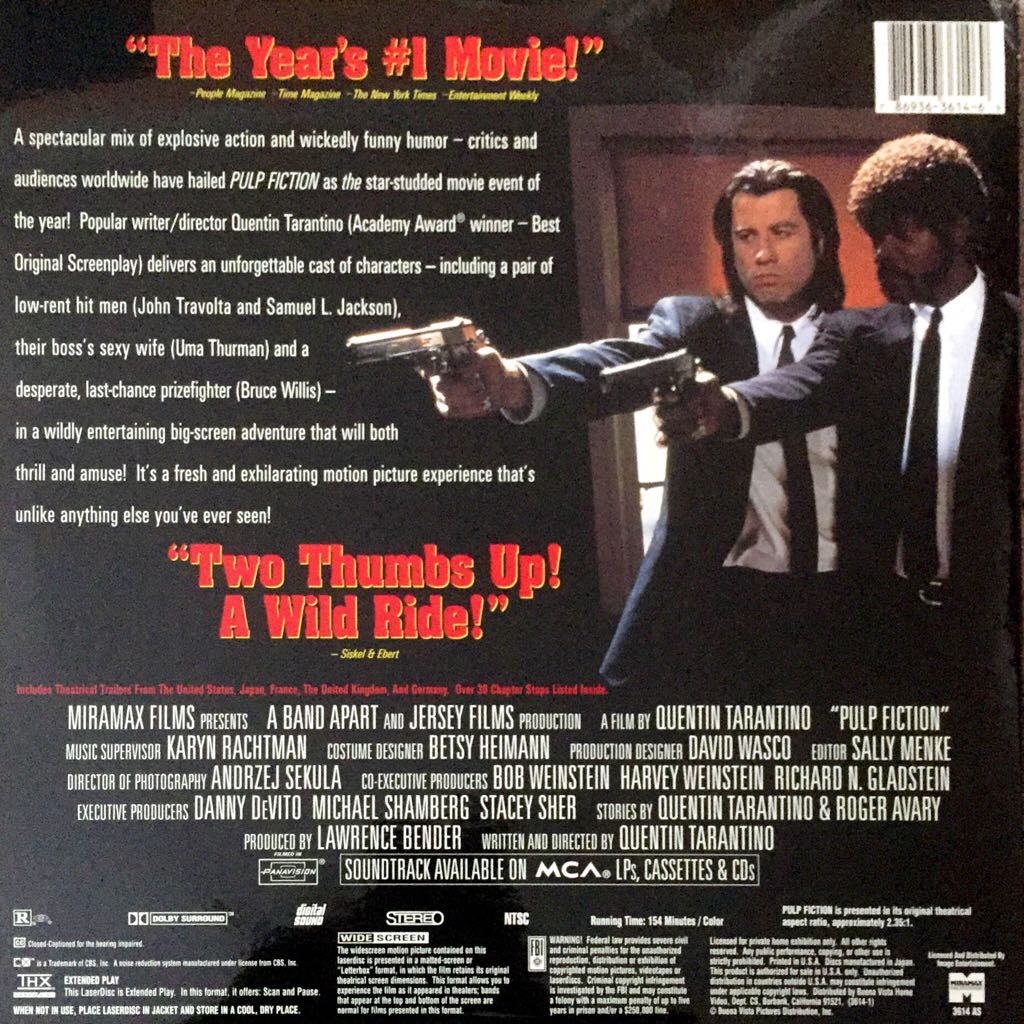 * LD : TARANTINO : Pulp Fiction (THX) Laser Disc movie collectible [Barcode 786936361469] - Main Image 2