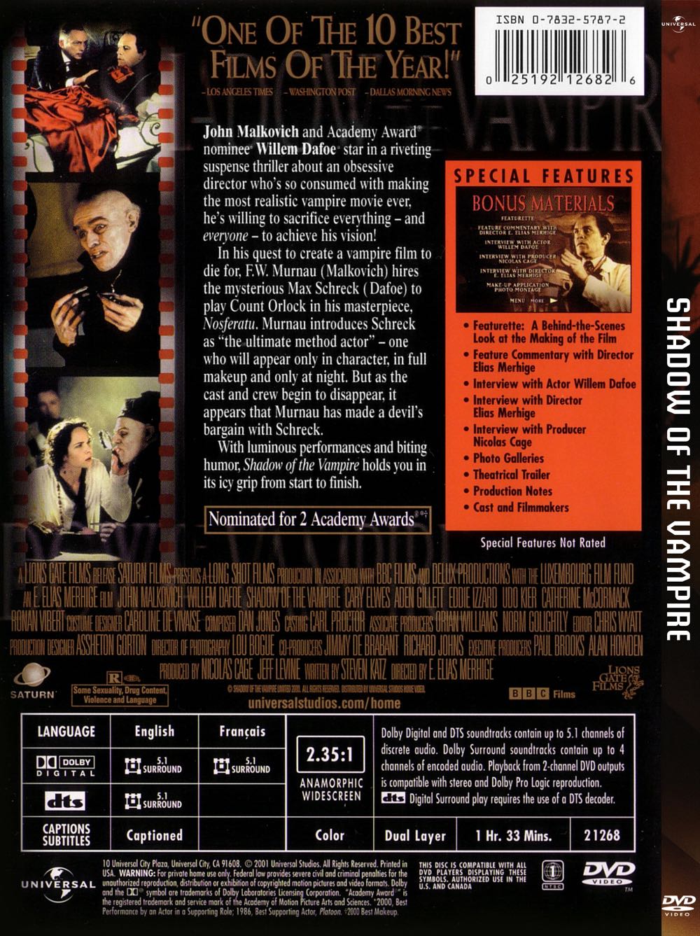 Shadow of the Vampire DVD movie collectible [Barcode 031398833826] - Main Image 2
