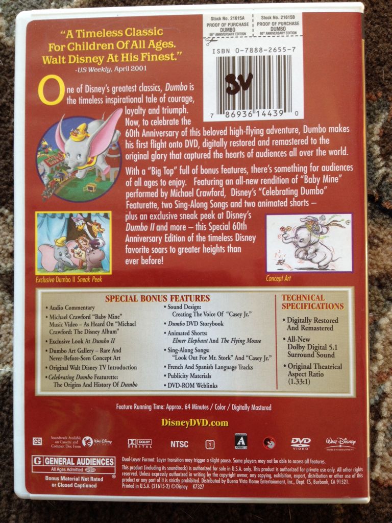 Dumbo DVD movie collectible [Barcode 786936144390] - Main Image 2