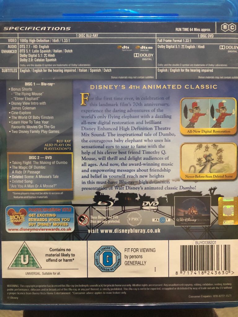 Dumbo Blu-ray movie collectible [Barcode 8717418243630] - Main Image 2