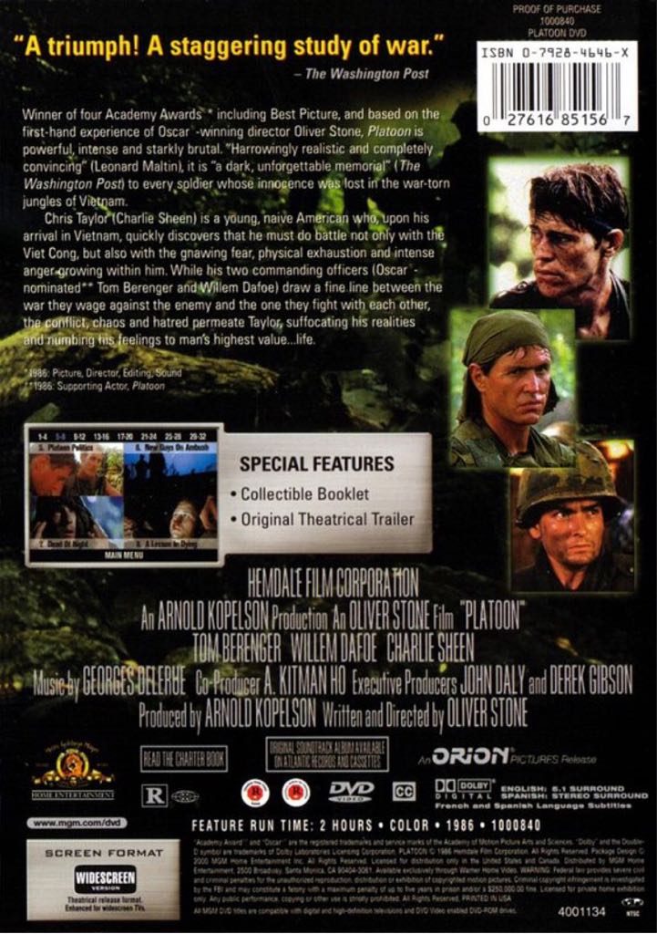 Platoon DVD movie collectible [Barcode 027616913777] - Main Image 2