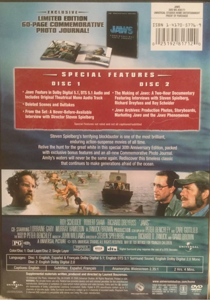 Jaws DVD movie collectible [Barcode 025192817120] - Main Image 2