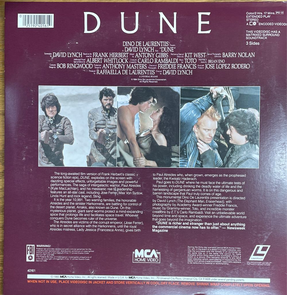 Dune Laser Disc movie collectible [Barcode 025192401619] - Main Image 2