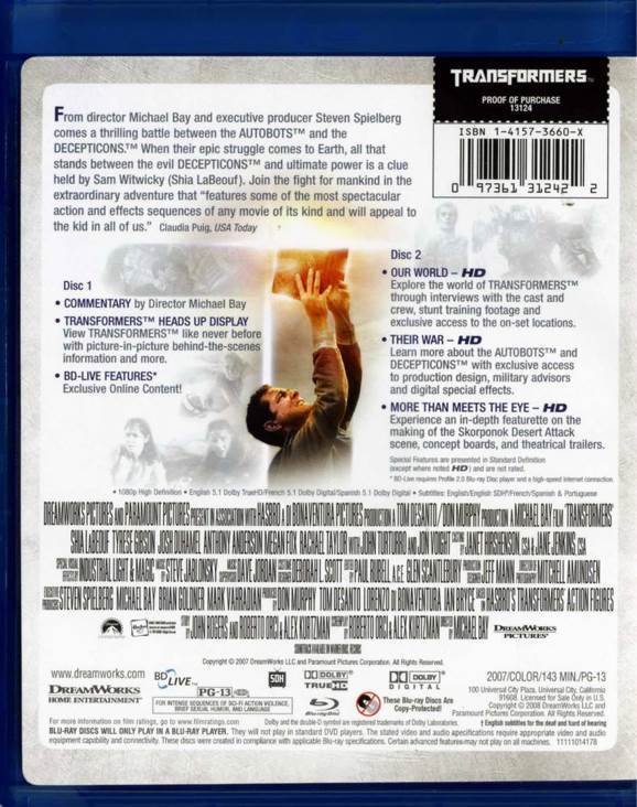 Transformers Blu-ray movie collectible [Barcode 097361312460] - Main Image 2