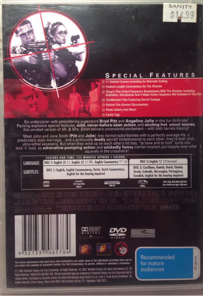 Mr. & Mrs. Smith DVD movie collectible [Barcode 9321337085784] - Main Image 2