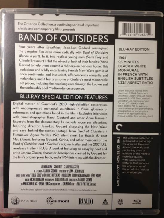 Band of Outsiders Blu-ray movie collectible [Barcode 715515106412] - Main Image 2