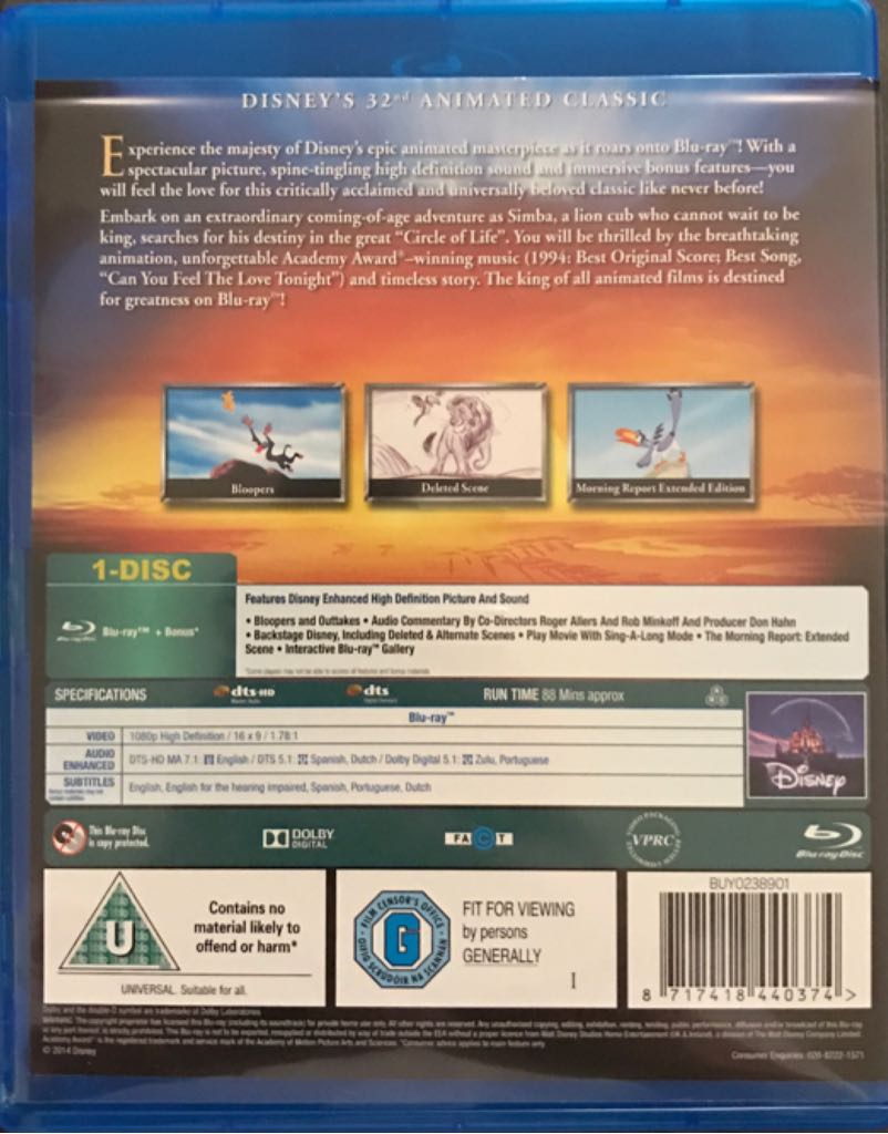 The Lion King Blu-ray movie collectible [Barcode 8717418440374] - Main Image 2