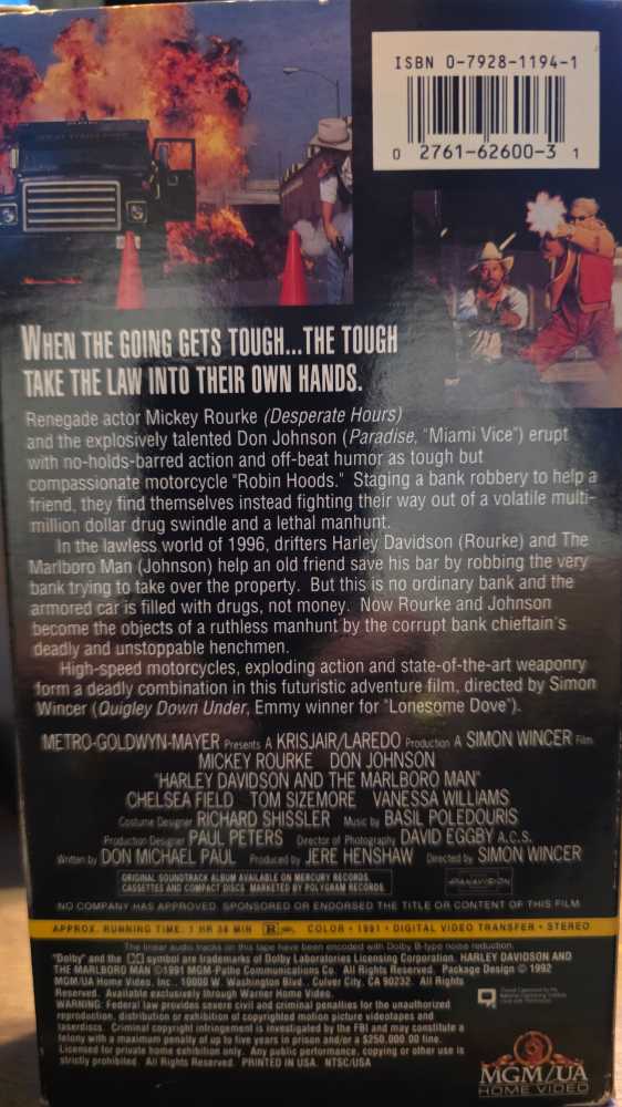 Harley Davidson and the Marlboro Man VHS movie collectible [Barcode 027616260031] - Main Image 2