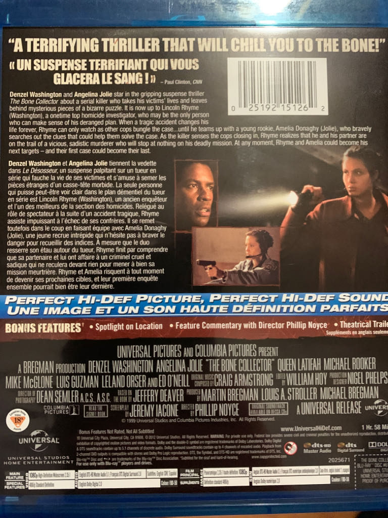The Bone Collector Blu-ray movie collectible [Barcode 025192151262] - Main Image 2