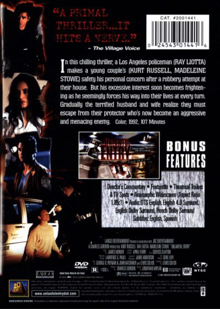 Kurt Russell: Unlawful Entry DVD movie collectible [Barcode 024543014430] - Main Image 2