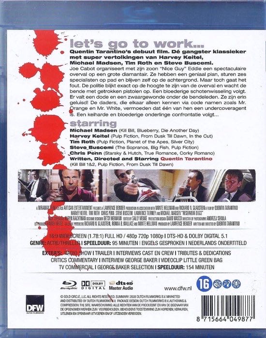 Quentin Tarentino: Reservoir Dogs Blu-ray movie collectible [Barcode 8715664049877] - Main Image 2