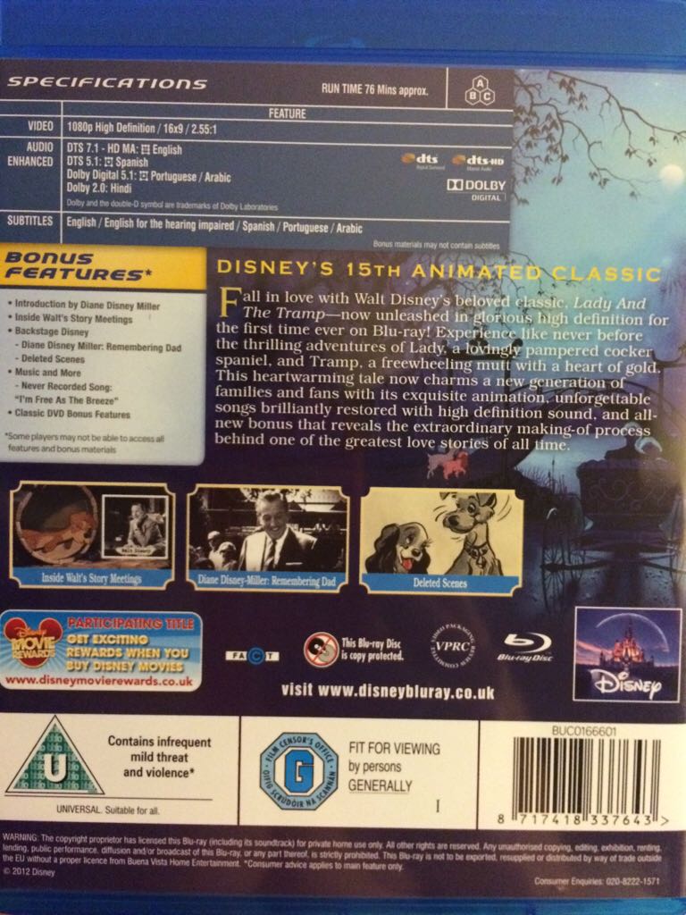 Lady and the Tramp Blu-ray movie collectible [Barcode 8717418337643] - Main Image 2