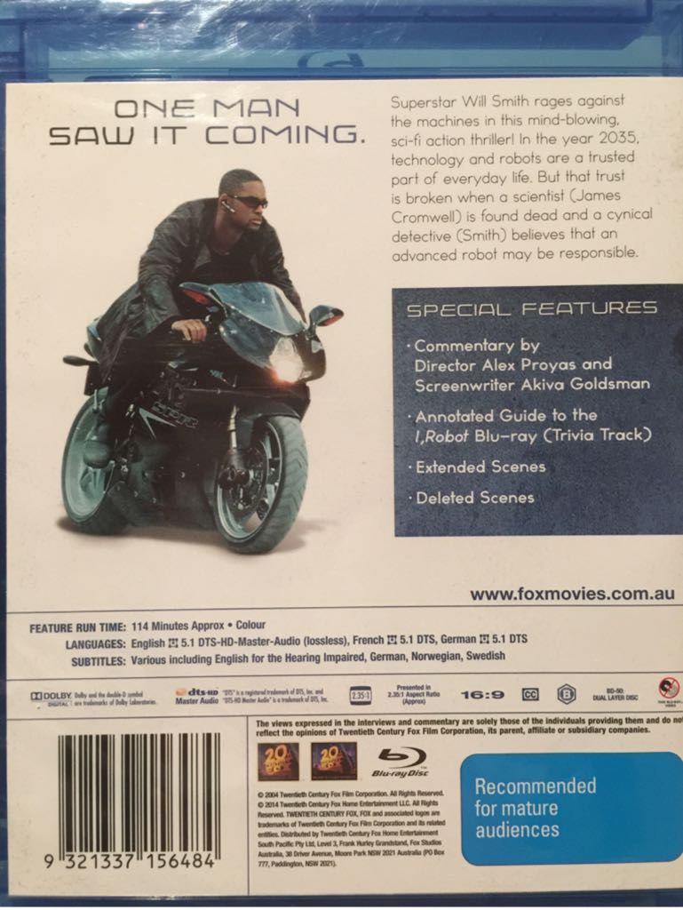 I, Robot Blu-ray movie collectible [Barcode 9321337156484] - Main Image 2