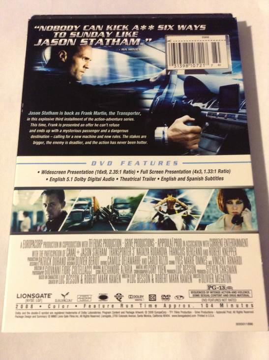 Transporter 3 DVD movie collectible [Barcode 031398107217] - Main Image 2