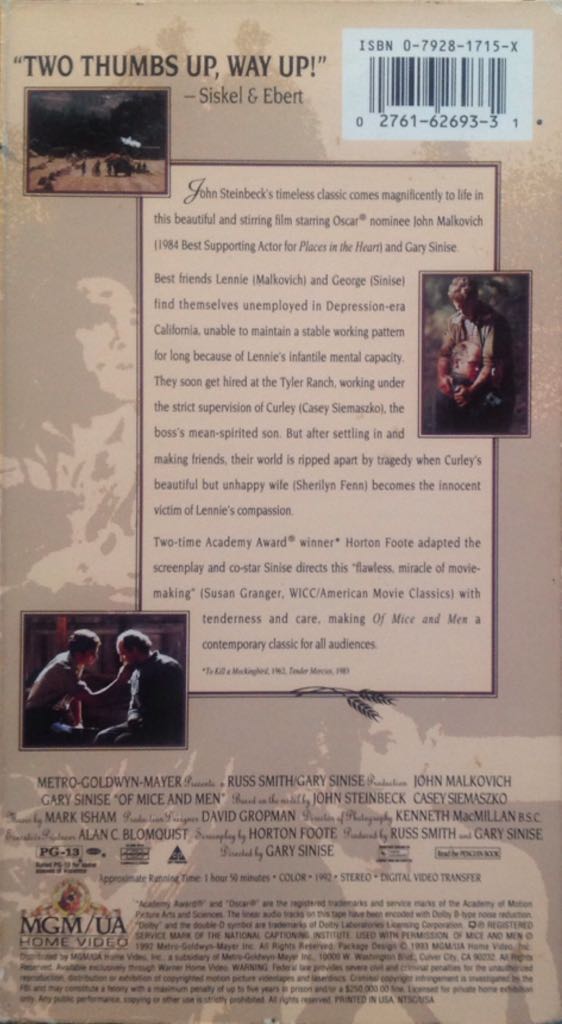 Of Mice and Men VHS movie collectible [Barcode 027616269331] - Main Image 2