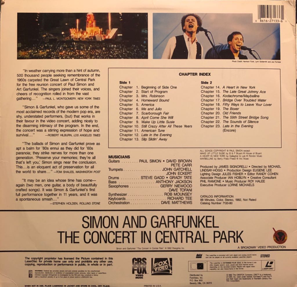 Simon And Garfunkel: Concert In Central Park Laser Disc movie collectible [Barcode 086162713361] - Main Image 2