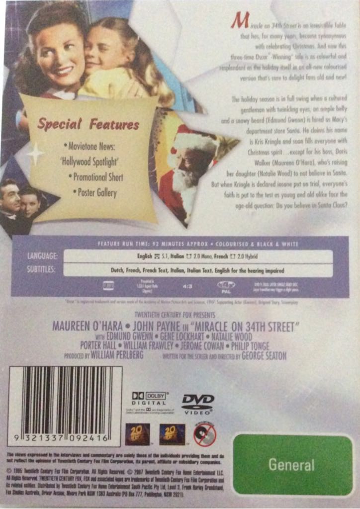Miracle on 34th Street DVD movie collectible [Barcode 9321337092416] - Main Image 2