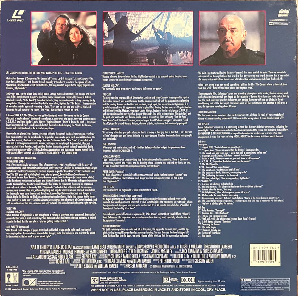 Highlander 2: The Quickening Laser Disc movie collectible [Barcode 043396914964] - Main Image 2
