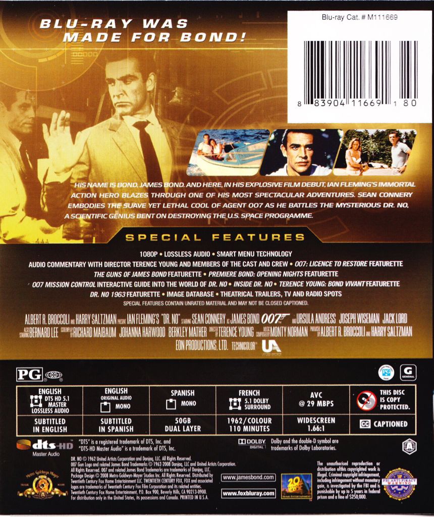 007-01: Dr. No Blu-ray movie collectible [Barcode 883904123682] - Main Image 2