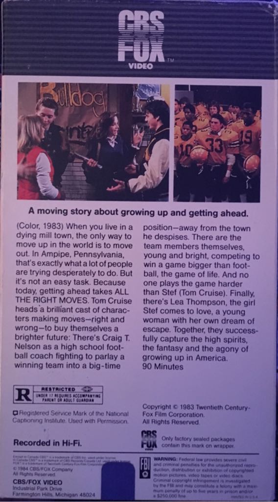All the Right Moves VHS movie collectible - Main Image 2