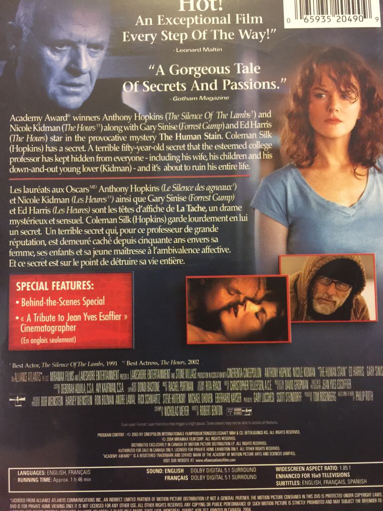 Human Stain, The DVD movie collectible [Barcode 065935204909] - Main Image 2