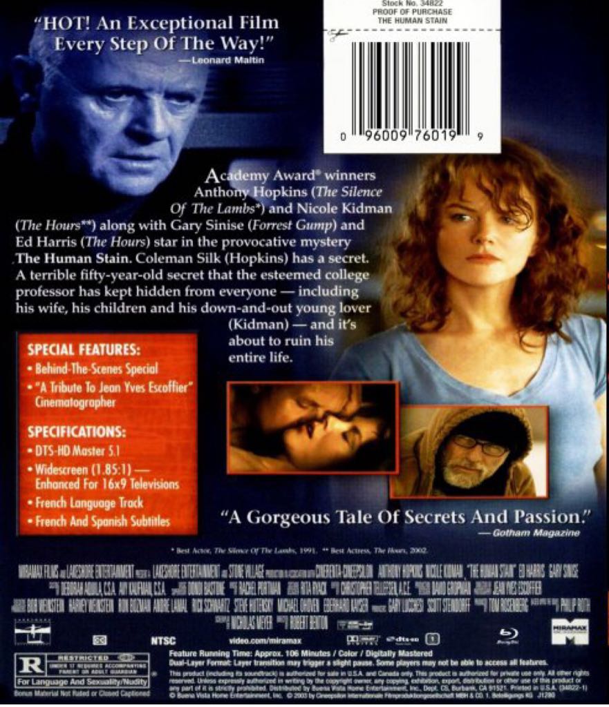 The Human Stain DVD movie collectible [Barcode 786936238570] - Main Image 2