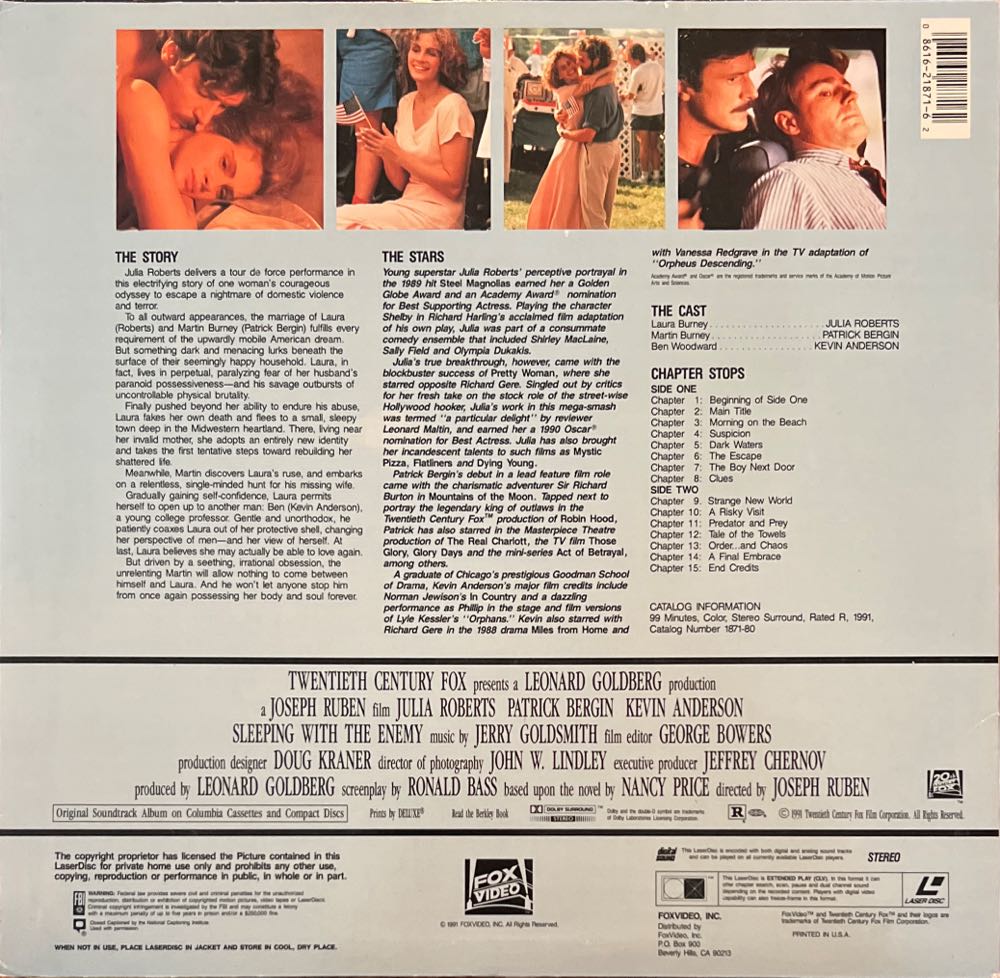 Sleeping With the Enemy Laser Disc movie collectible [Barcode 086162187162] - Main Image 2