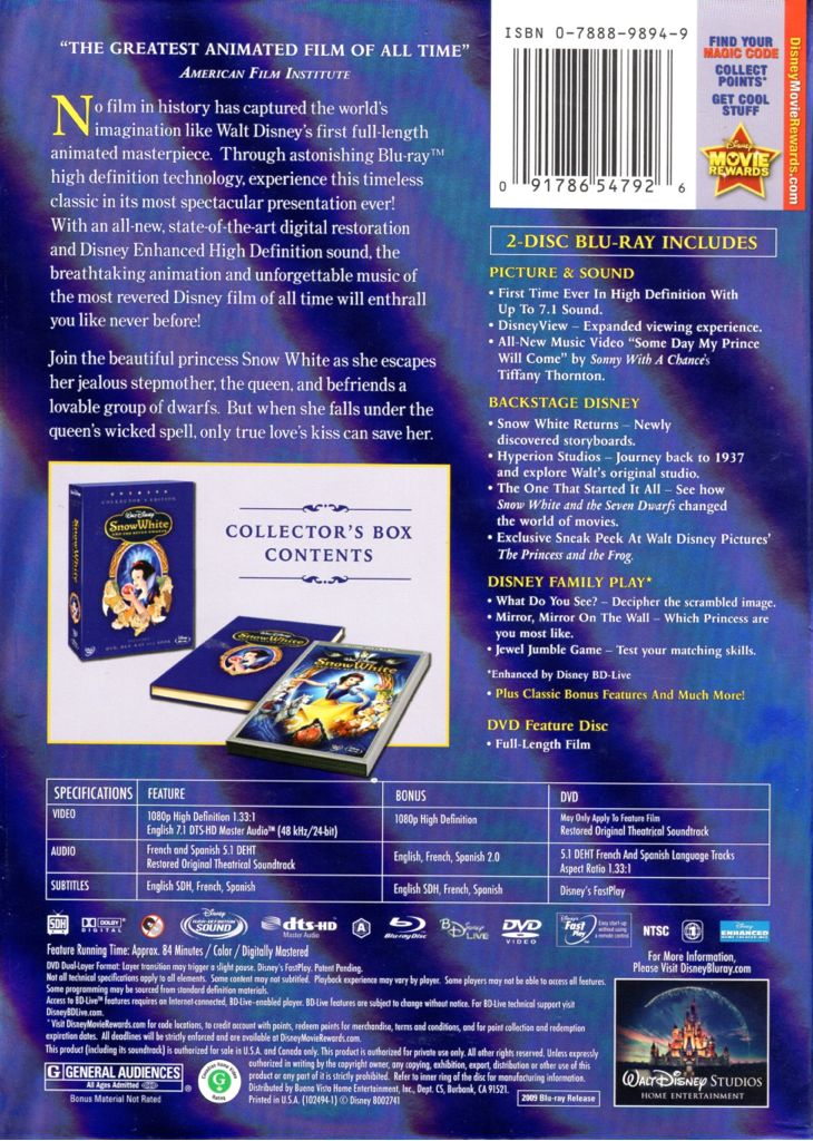 Snow White And The Seven Dwarfs Blu-ray movie collectible [Barcode 091786547926] - Main Image 2