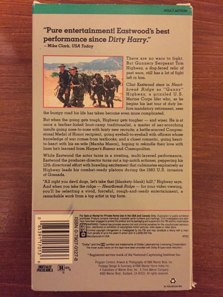 Heartbreak Ridge VHS movie collectible [Barcode 085391170136] - Main Image 2