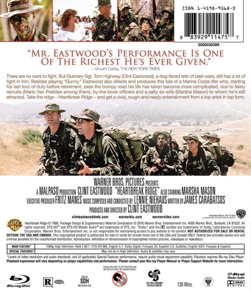 Heartbreak Ridge Blu-ray movie collectible [Barcode 883929114757] - Main Image 2