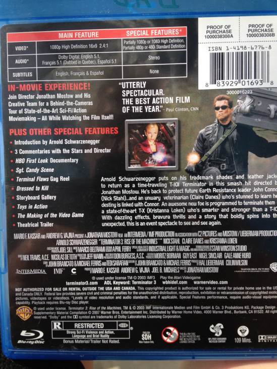 Arnold Schwarzenegger Terminator3Rise of the Machines Blu-ray movie collectible [Barcode 883929016938] - Main Image 2