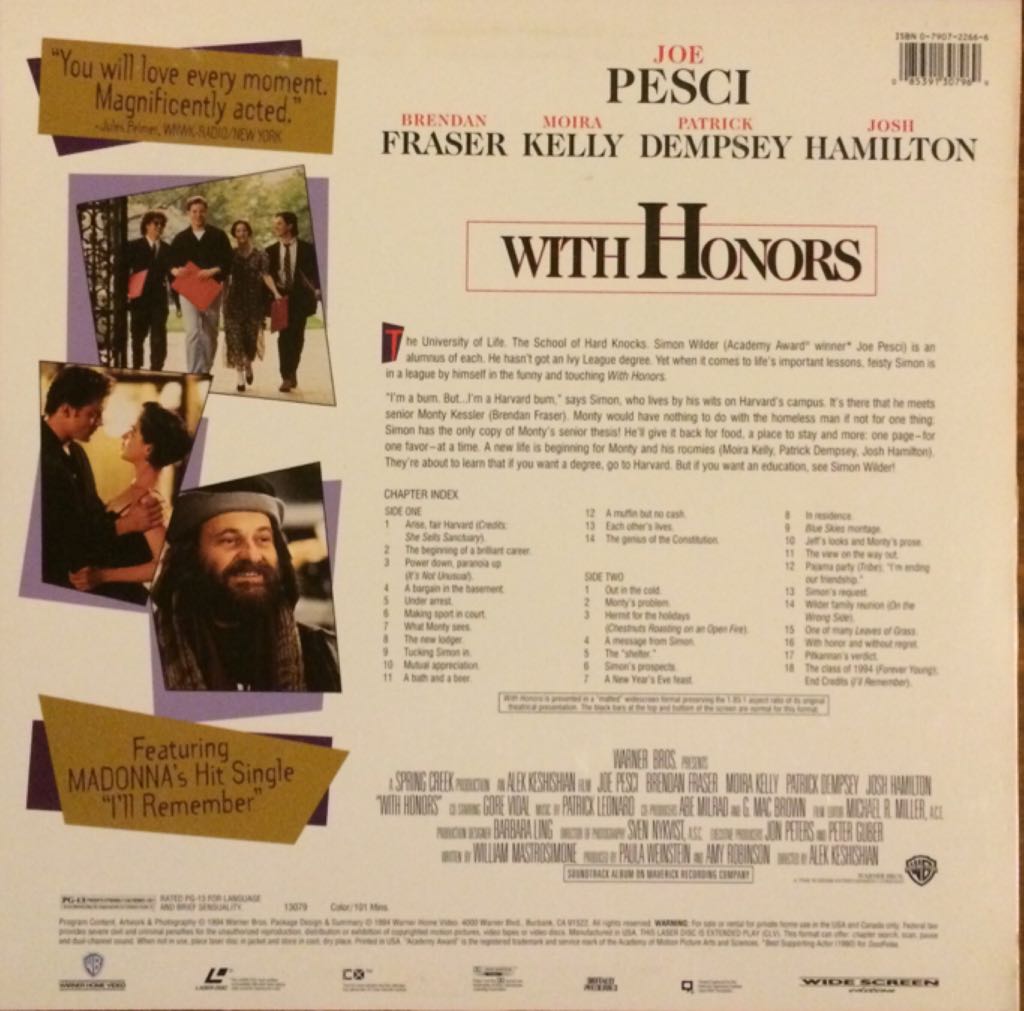 With Honors Laser Disc movie collectible [Barcode 085391307969] - Main Image 2