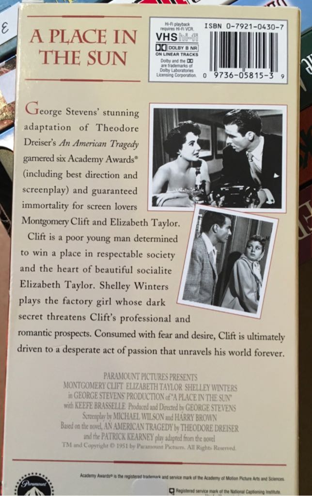 A Place in the Sun VHS movie collectible [Barcode 097360581539] - Main Image 2