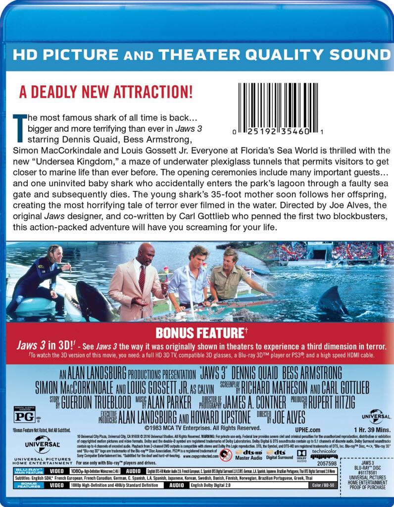 Jaws 3 Blu-ray movie collectible [Barcode 025192354601] - Main Image 2