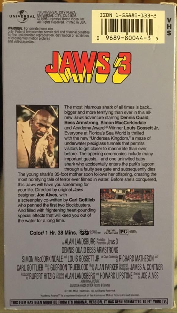 Jaws 3 VHS movie collectible [Barcode 096898004435] - Main Image 2