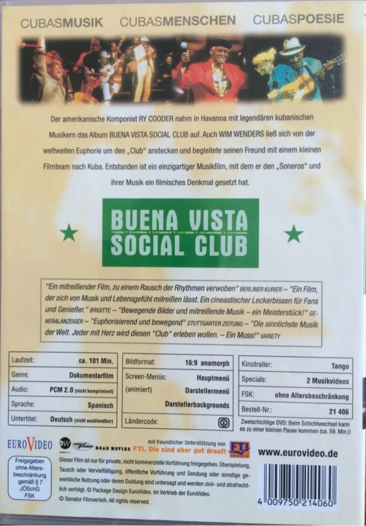 Buena Vista Social Club DVD movie collectible [Barcode 4009750214060] - Main Image 2