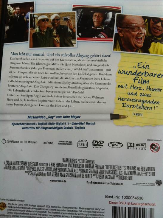 Das Beste kommt zum Schluss The Bucket List DVD movie collectible [Barcode 7321925011081] - Main Image 2