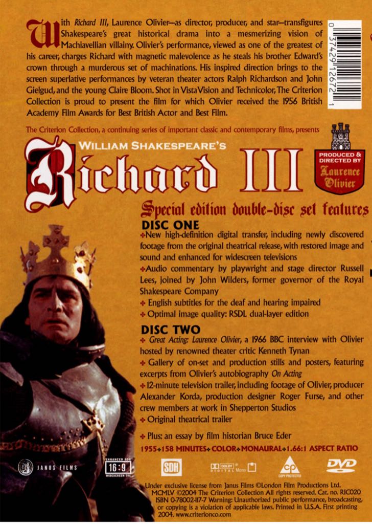 Richard III DVD movie collectible [Barcode 037429126721] - Main Image 2