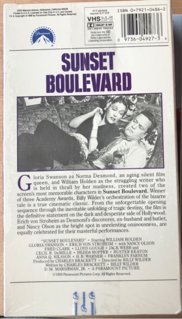 Sunset Boulevard VHS movie collectible [Barcode 097360492736] - Main Image 2