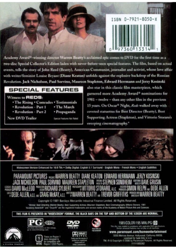 Reds DVD movie collectible [Barcode 097360133165] - Main Image 2