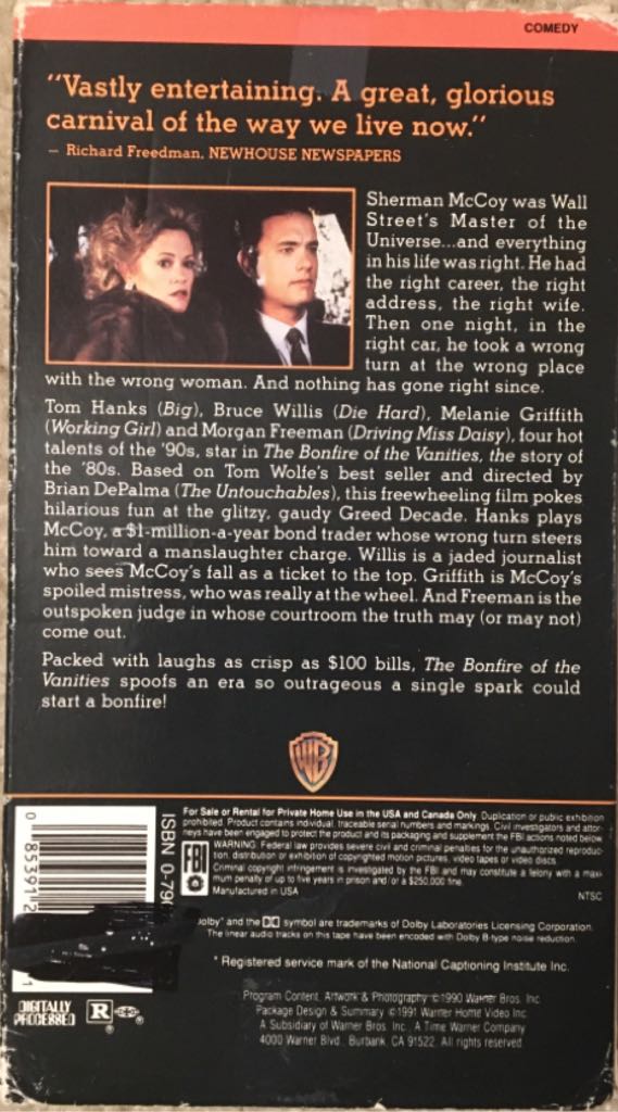 Bonfire of the Vanities VHS movie collectible [Barcode 085391520139] - Main Image 2