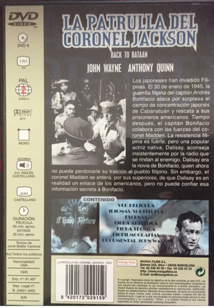 John Wayne: Back To Bataan DVD movie collectible [Barcode 053939791228] - Main Image 2