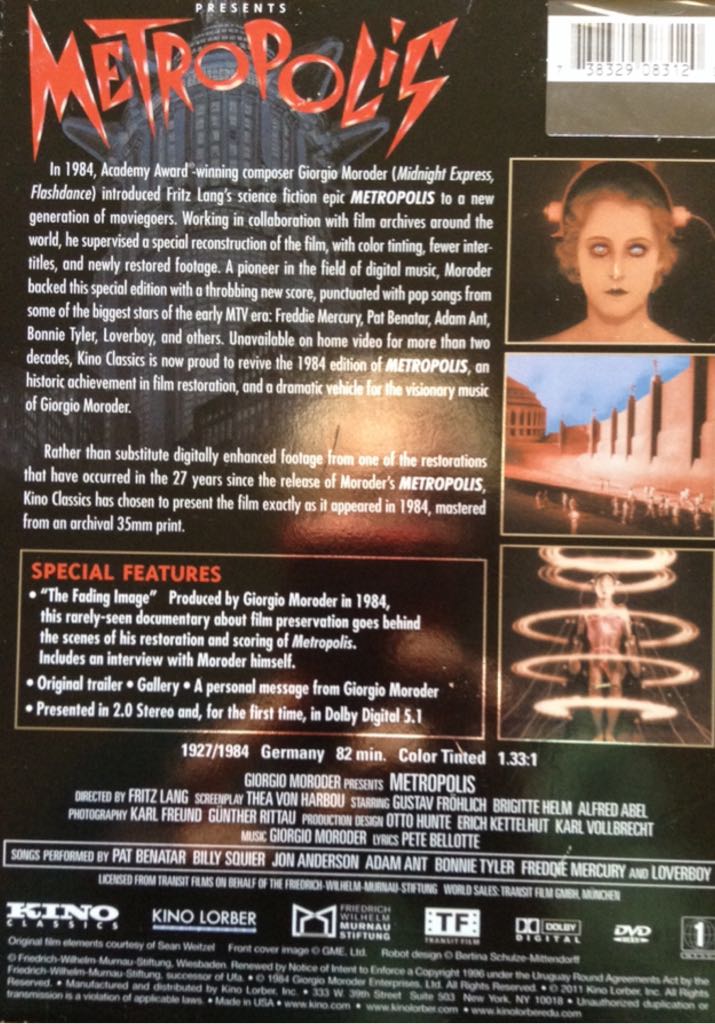 Metropolis (Giorgio Moroder - Kino Classics Special Edition) (VO, 4:3) DVD movie collectible [Barcode 738329083120] - Main Image 2