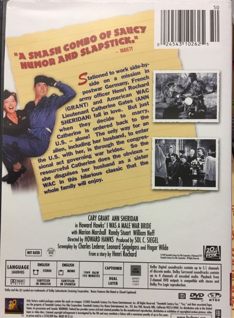 I Was a Male War Bride DVD movie collectible [Barcode 024543102625] - Main Image 2