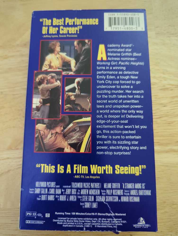 A Stranger Among Us VHS movie collectible [Barcode 717951480033] - Main Image 2