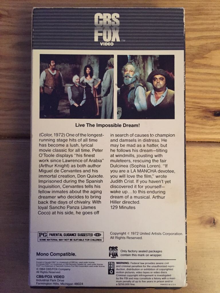 Man Of La Mancha (Sophia Loren) VHS movie collectible [Barcode 027616024039] - Main Image 2