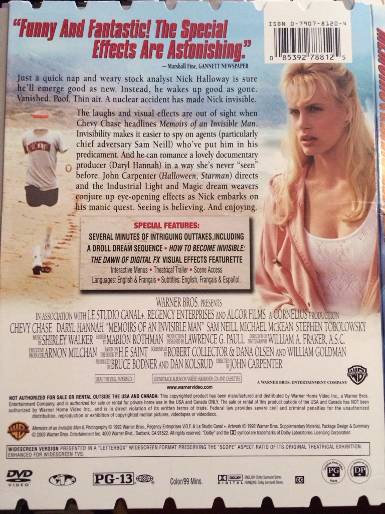 Memoirs of an Invisible Man DVD movie collectible [Barcode 085392788125] - Main Image 2