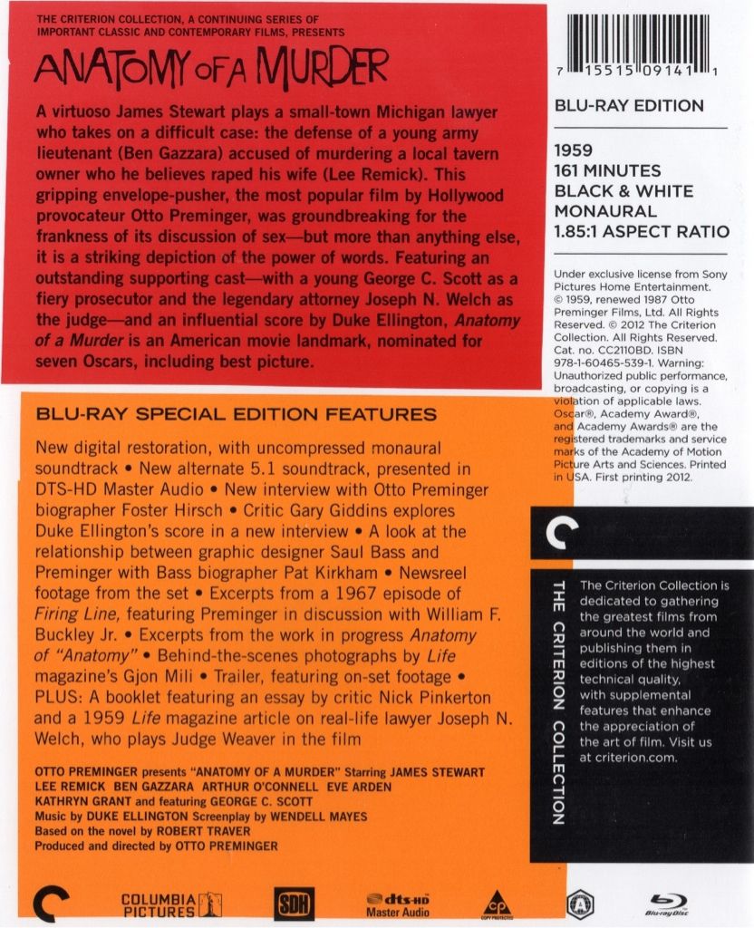 Anatomy of a Murder Blu-ray movie collectible [Barcode 715515091411] - Main Image 2