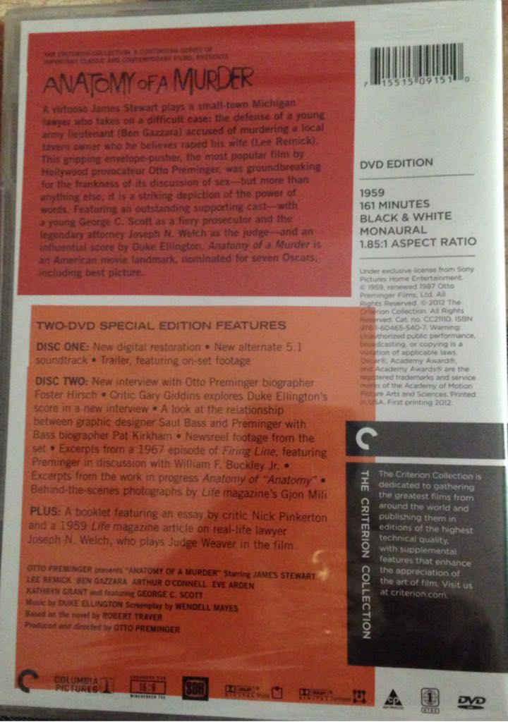 Anatomy of a Murder Blu-ray movie collectible [Barcode 715515091510] - Main Image 2